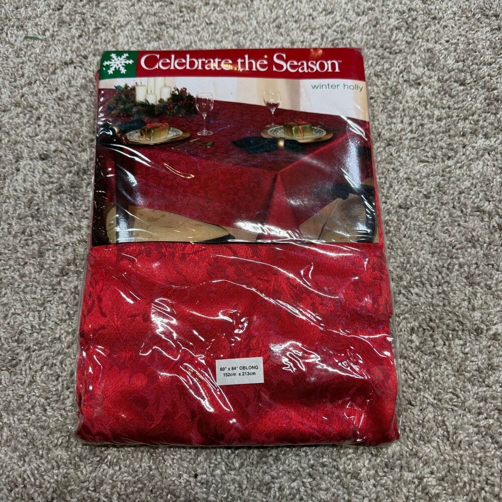 Celebrate the Season Red Tablecloth WINTER HOLLY 60x84” Oblong Robinson May XMAS